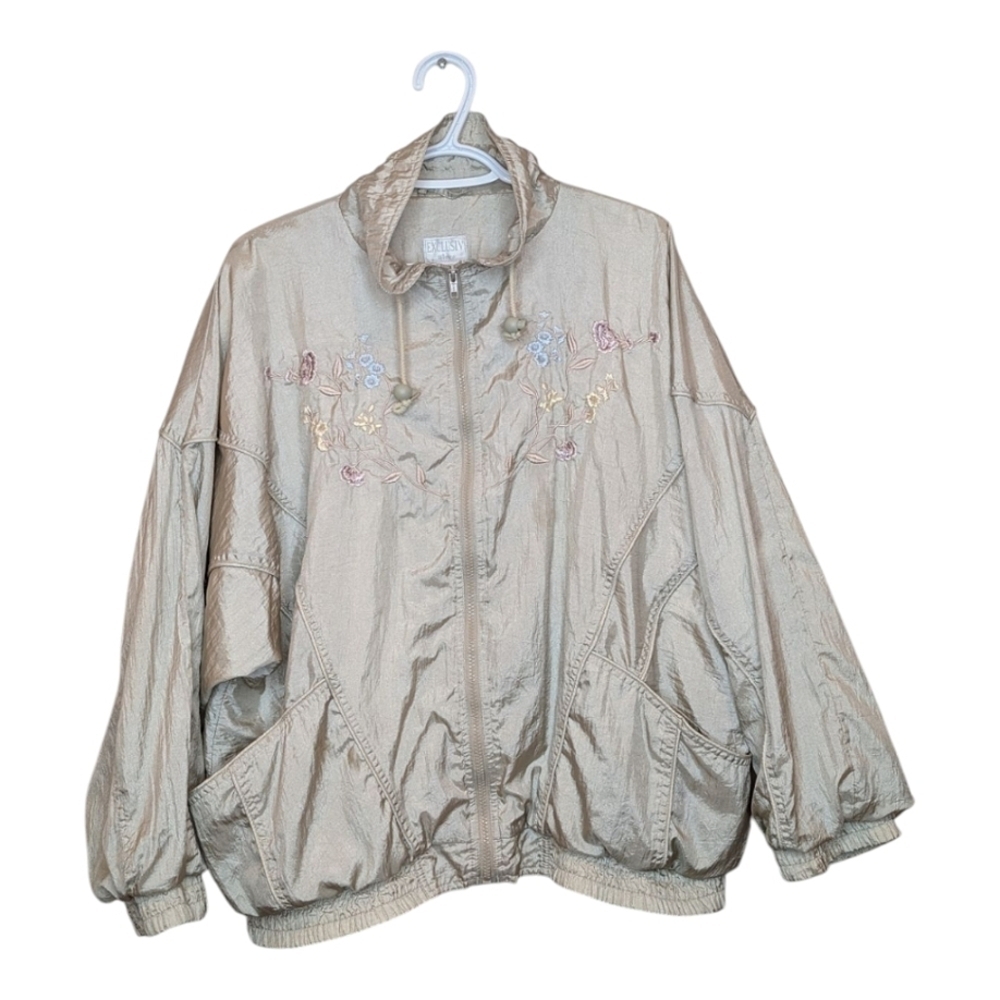Vintage 80s Metallic Champagne Embroidered Windbreaker Lightweight Jacket XL